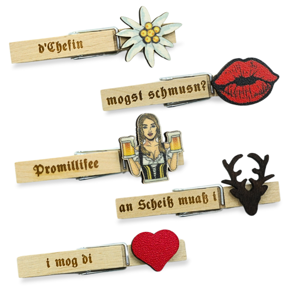 Freche Sprüche auf Holzklammern: Perfekte Trachtenaccessoires
